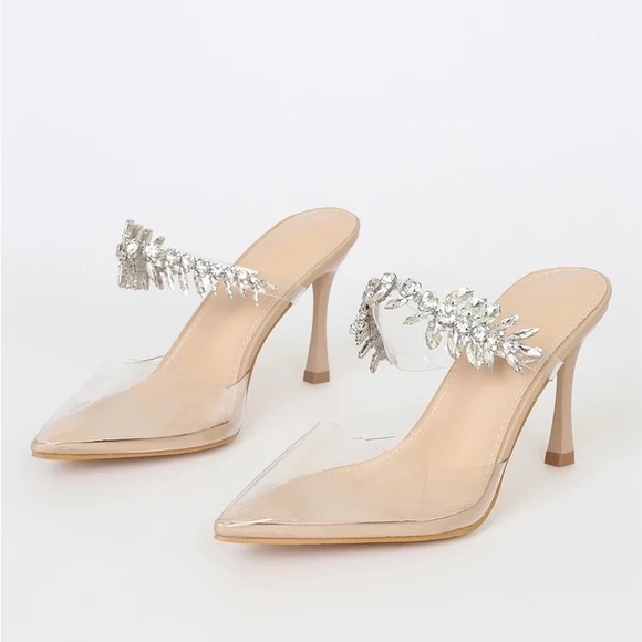 Lulus Micaela Light Nude Clear Rhinestone Pointed-Toe Mule Pumps - Picture 3 of 3
